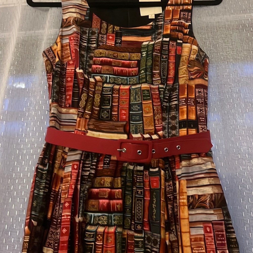 ModCloth Multicolor Book print retro flare Dress librarian teacher frizzle - Picture 4 of 7